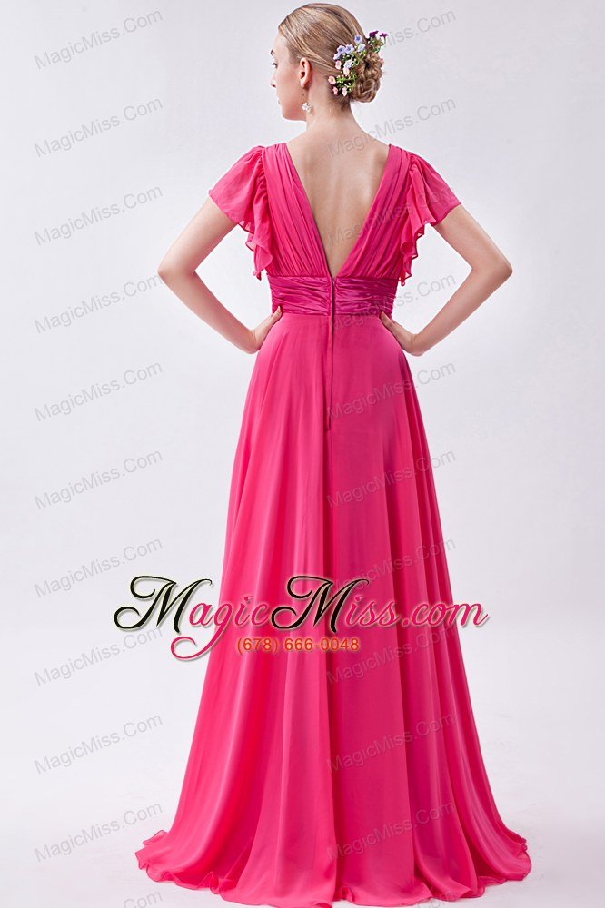 wholesale hot pink empire v-neck brush train chiffon ruch prom dress