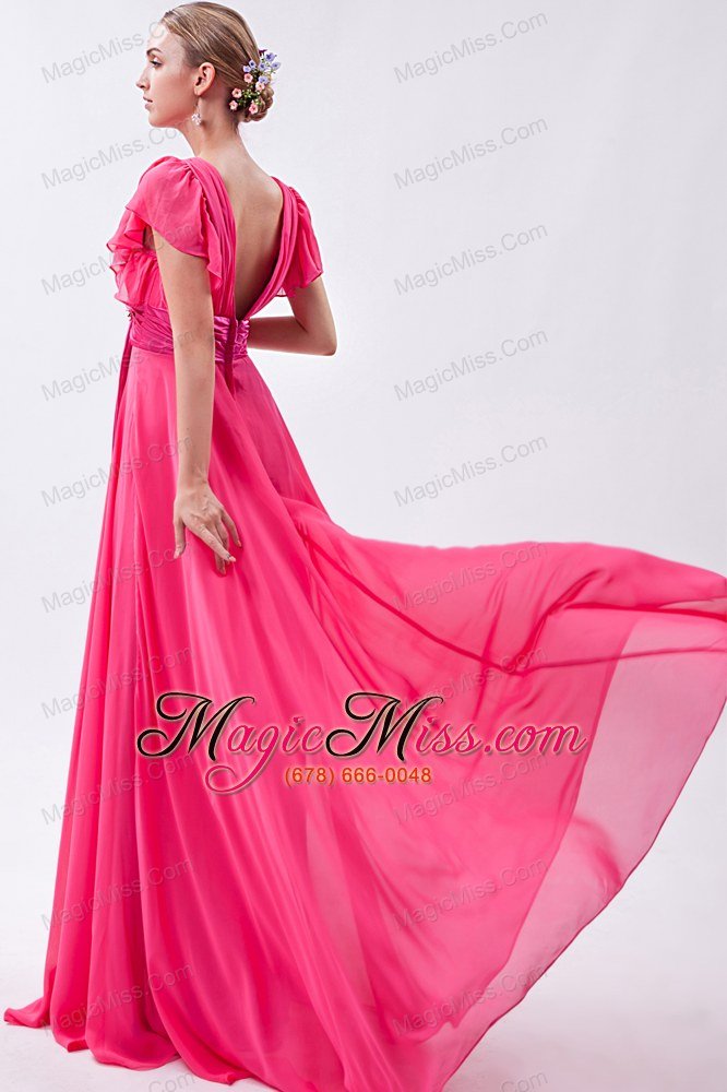 wholesale hot pink empire v-neck brush train chiffon ruch prom dress