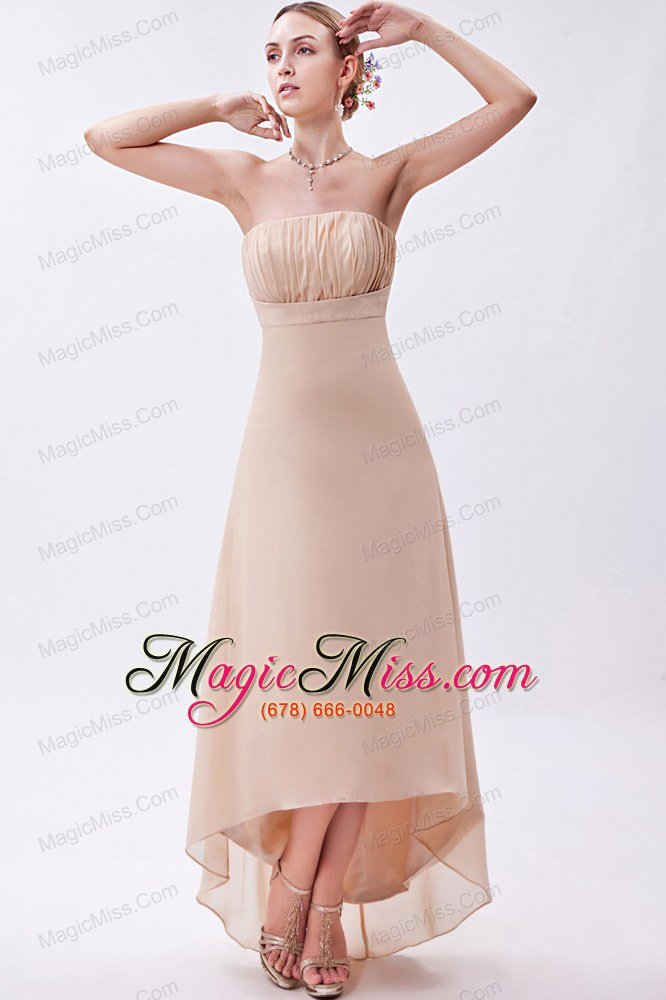 wholesale champagne empire strapless high-low chiffon ruch prom dress