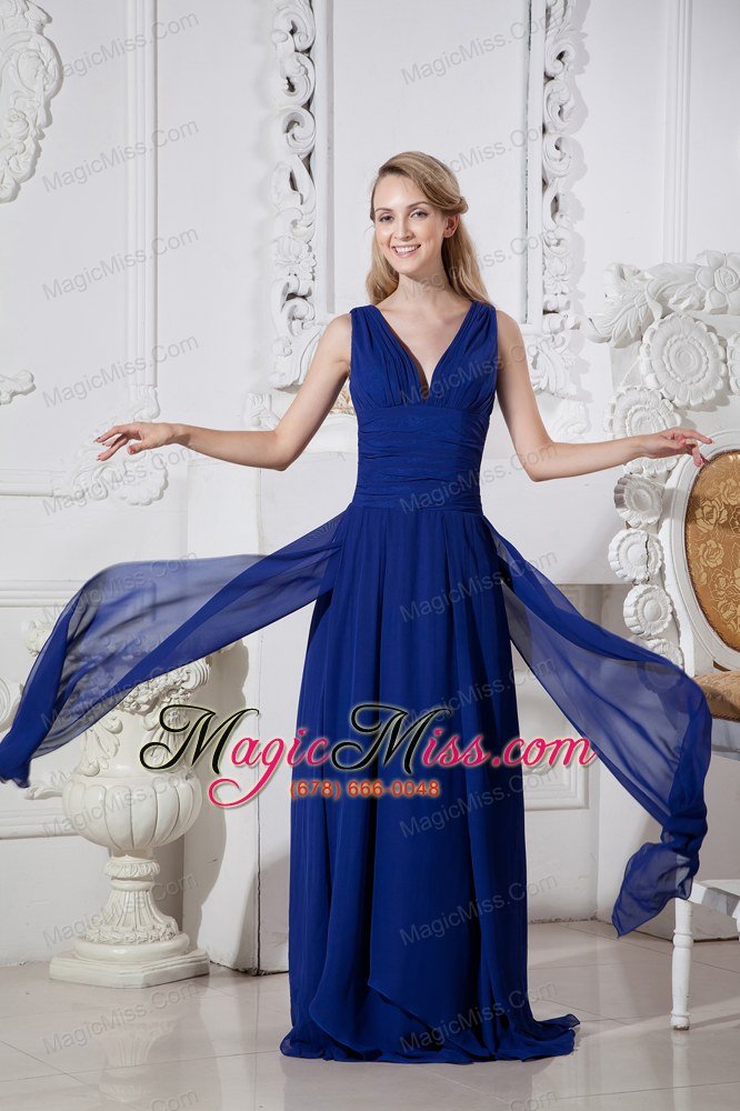 wholesale blue empire v-neck brush train chiffon prom / evening dress