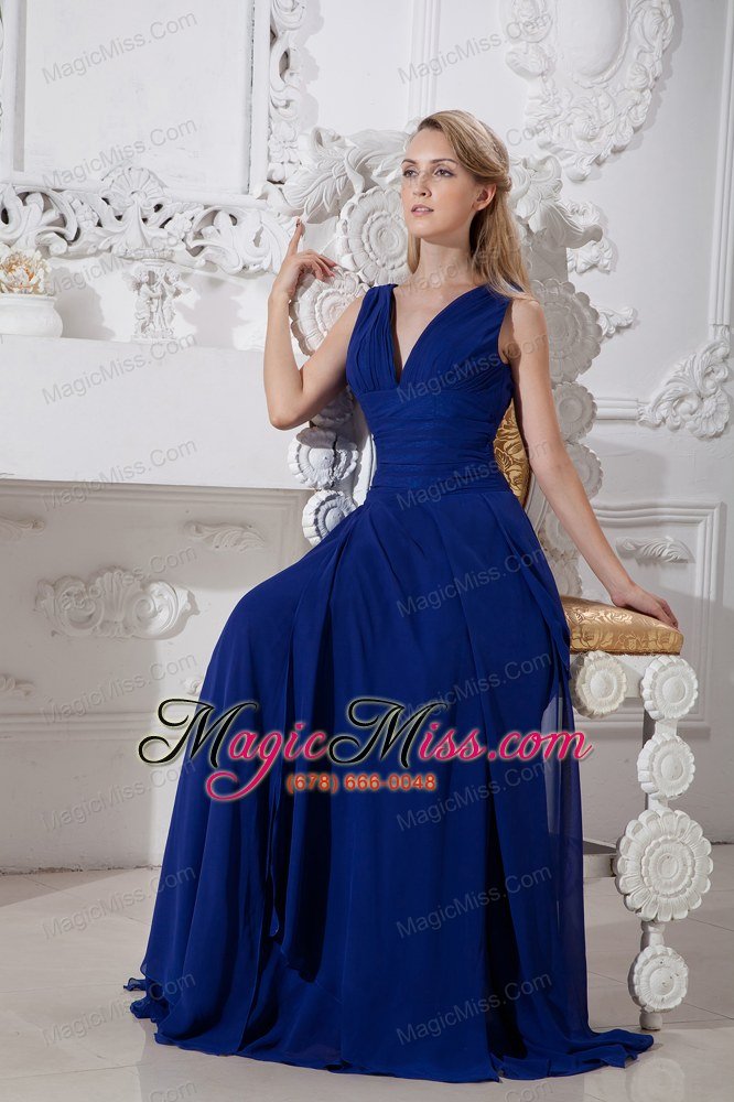 wholesale blue empire v-neck brush train chiffon prom / evening dress