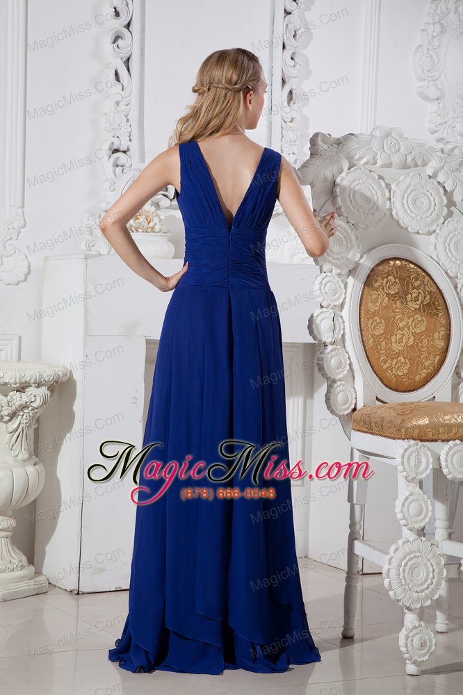 wholesale blue empire v-neck brush train chiffon prom / evening dress