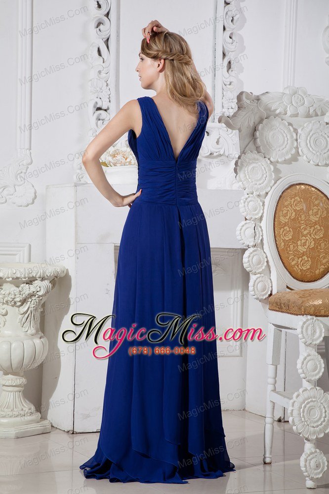 wholesale blue empire v-neck brush train chiffon prom / evening dress