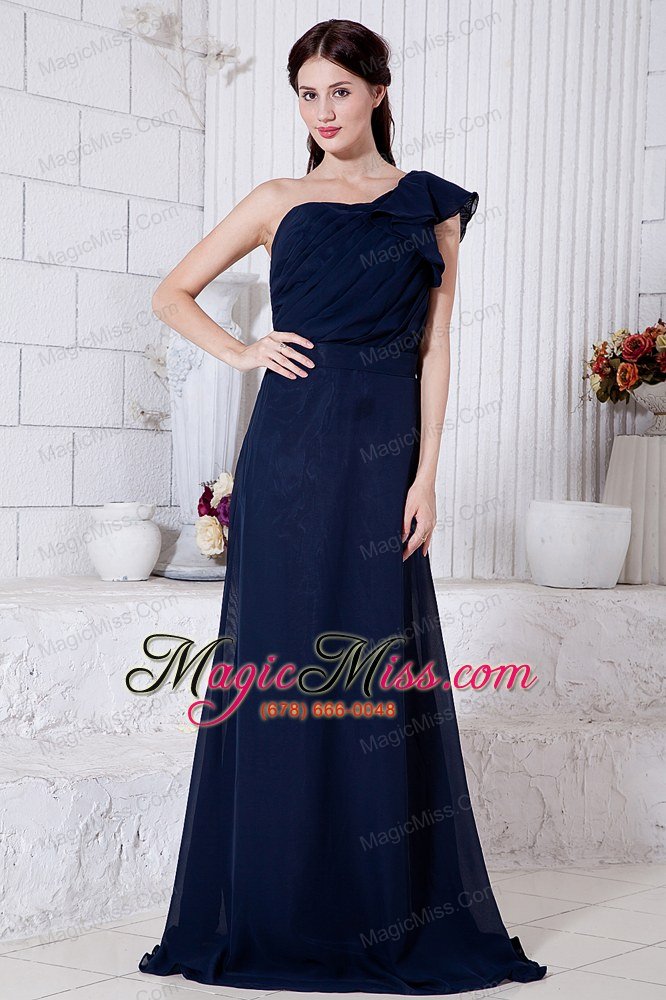 wholesale navy blue empire one shoulder brush train chiffon ruch prom / evening dress