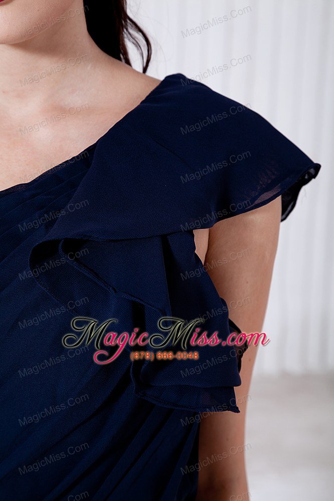 wholesale navy blue empire one shoulder brush train chiffon ruch prom / evening dress