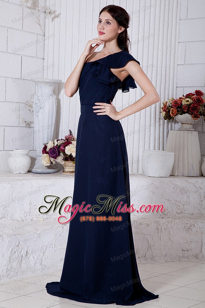 wholesale navy blue empire one shoulder brush train chiffon ruch prom / evening dress