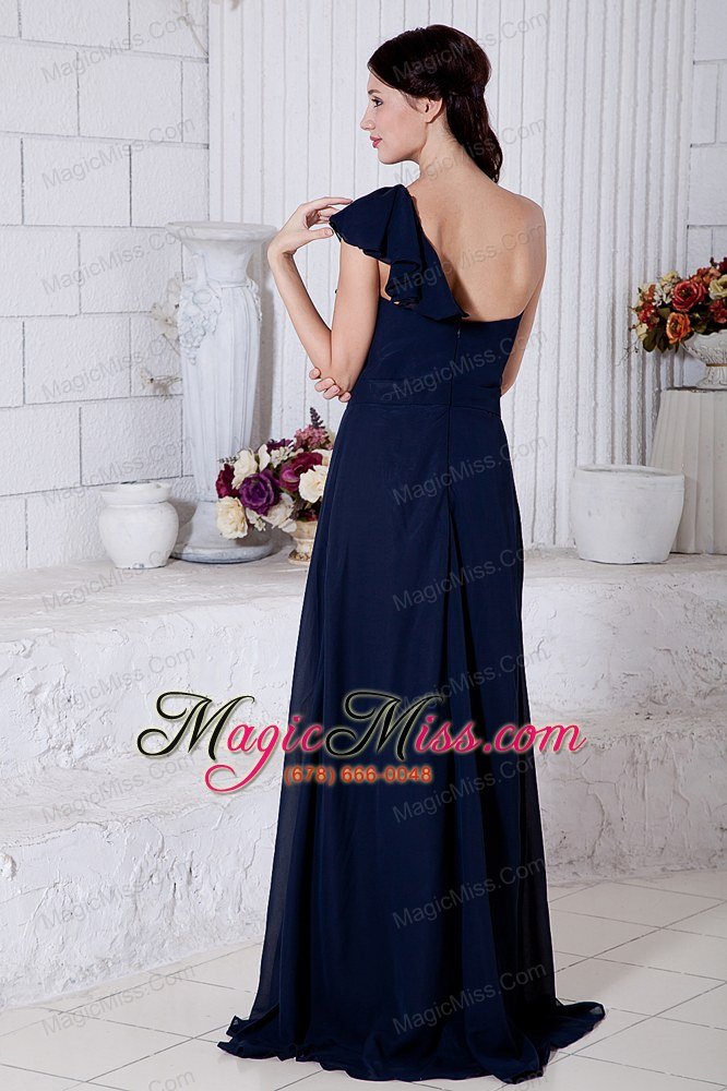 wholesale navy blue empire one shoulder brush train chiffon ruch prom / evening dress