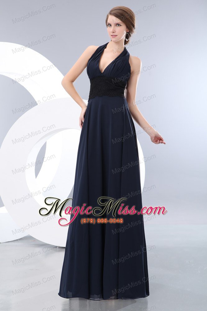 wholesale navy blue empire halter floor-length chiffon lace prom / evening dress