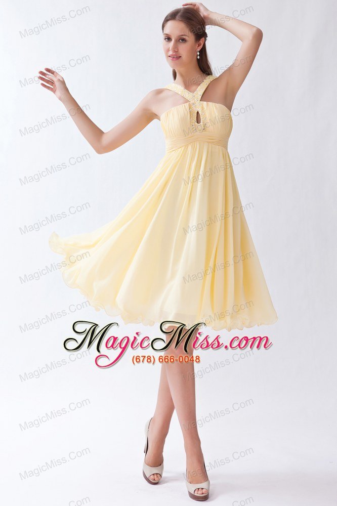 wholesale yellow empire v-neck knee-length chiffon beading prom dress