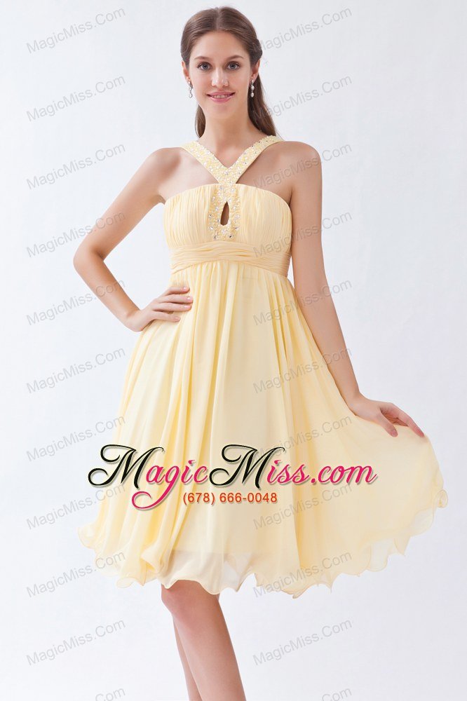 wholesale yellow empire v-neck knee-length chiffon beading prom dress