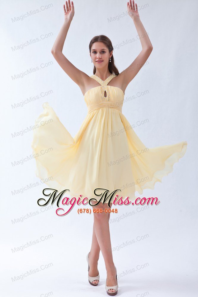 wholesale yellow empire v-neck knee-length chiffon beading prom dress