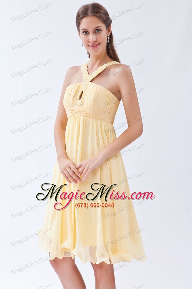 wholesale yellow empire v-neck knee-length chiffon beading prom dress