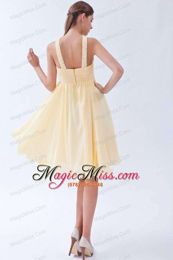 wholesale yellow empire v-neck knee-length chiffon beading prom dress