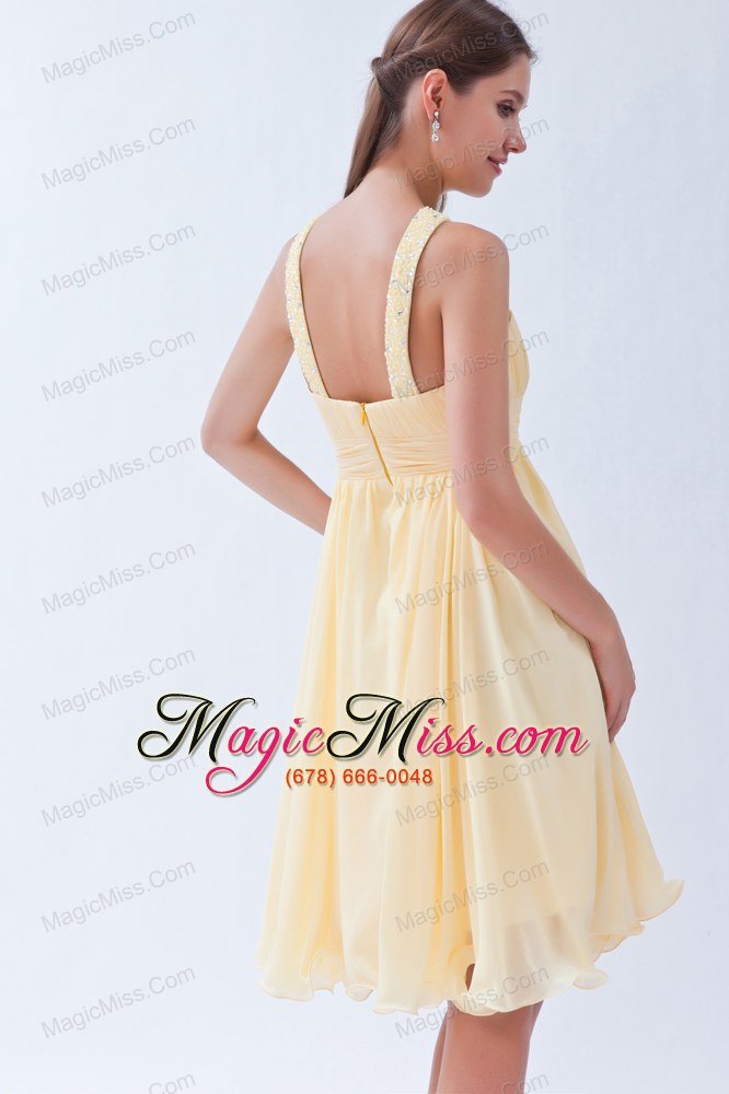 wholesale yellow empire v-neck knee-length chiffon beading prom dress