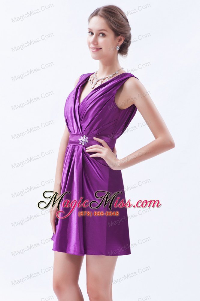 wholesale eggplant purple column / sheath v-neck mini-length taffeta beading prom / evening dress