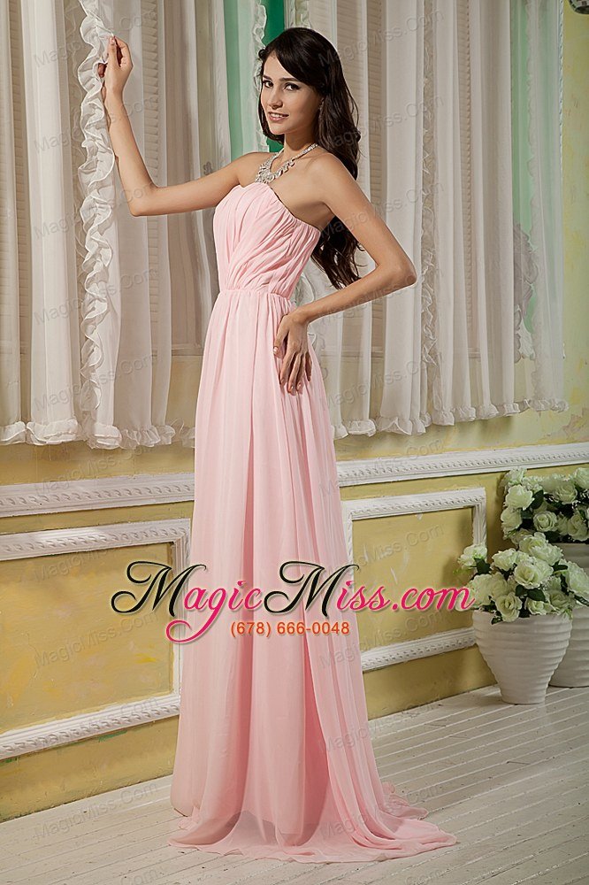 wholesale baby pink empire strapless brush train chiffon ruch prom dress