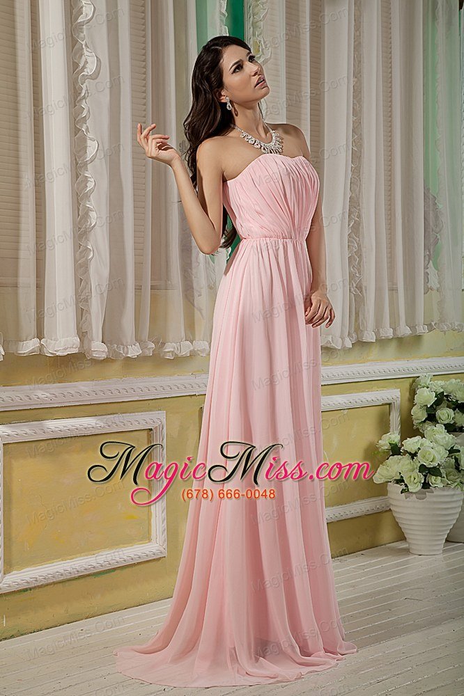 wholesale baby pink empire strapless brush train chiffon ruch prom dress