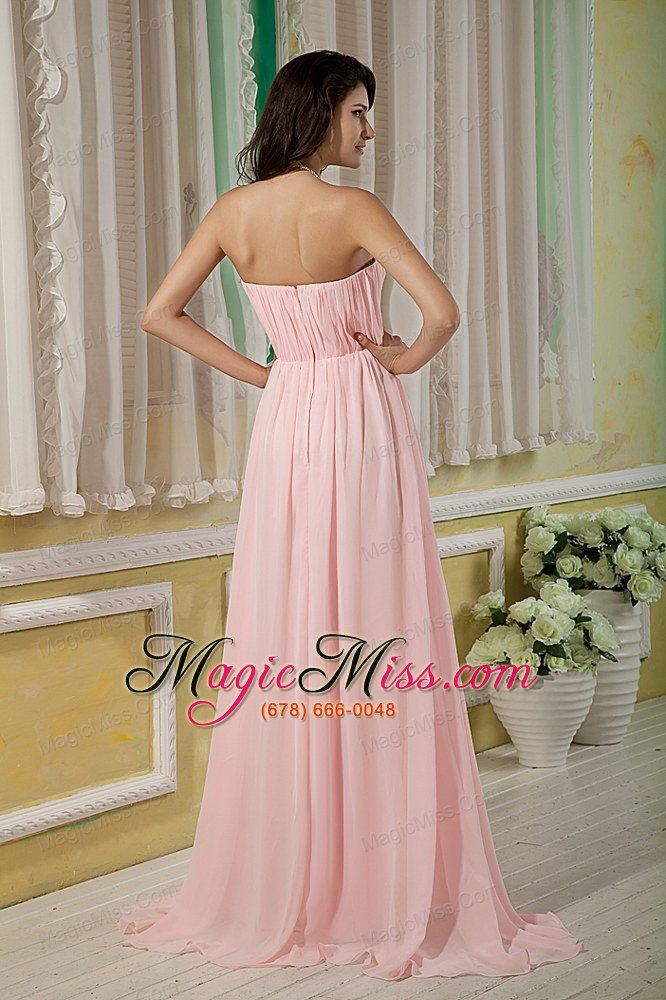 wholesale baby pink empire strapless brush train chiffon ruch prom dress