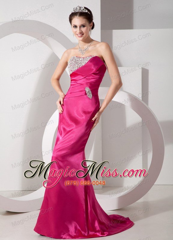 wholesale vintag hot pink column sweetheart prom dress satin beading and ruch brush train