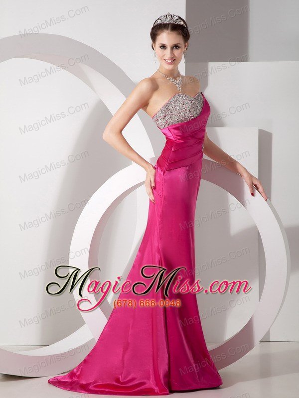 wholesale vintag hot pink column sweetheart prom dress satin beading and ruch brush train