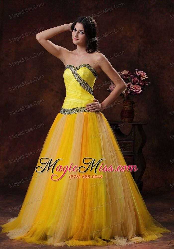 wholesale yellow sweerheart beaded decorate on tulle prom dress in phoenix arizona