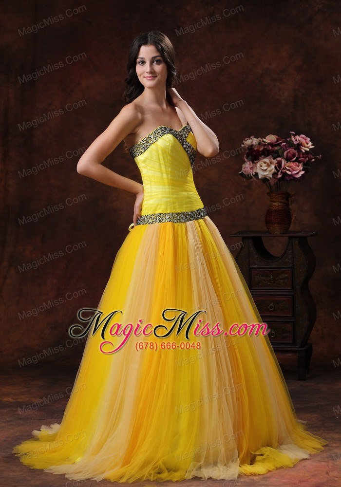 wholesale yellow sweerheart beaded decorate on tulle prom dress in phoenix arizona