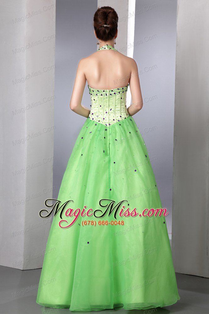 wholesale spring green a-line halter floor-length satin and organza beading prom dress