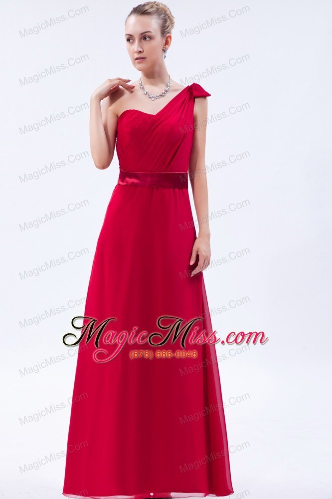 wholesale red column one shoulder floor-length chiffon ruch prom dress