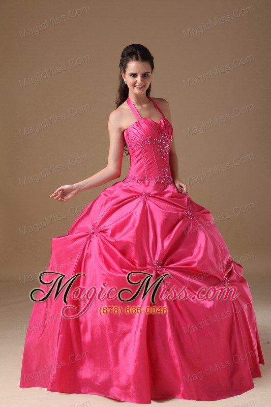 wholesale coral red ball gown halter floor-length taffeta beading quinceanera dress