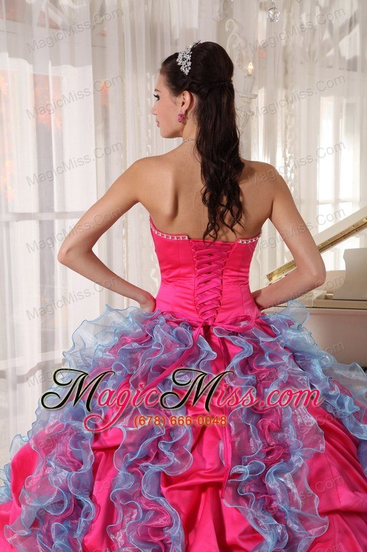 wholesale hot pink and aqua blue ball gown strapless floor-length organza and taffeta beading and ruffles quinceanera dress