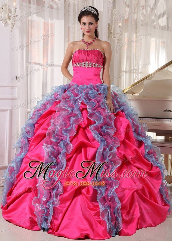 wholesale hot pink and aqua blue ball gown strapless floor-length organza and taffeta beading and ruffles quinceanera dress