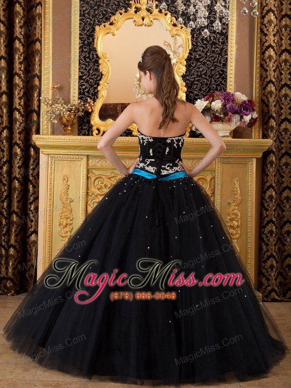 wholesale black ball gown strapless floor-length appliques tulle quinceanera dress