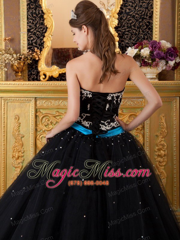 wholesale black ball gown strapless floor-length appliques tulle quinceanera dress
