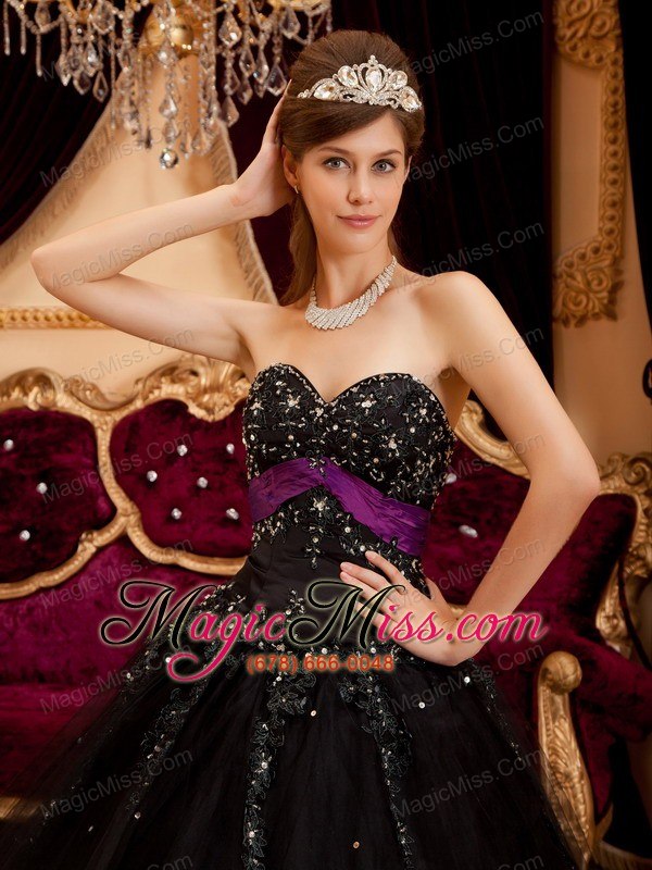 wholesale black ball gown sweetheart floor-length tulle appliques quinceanera dress