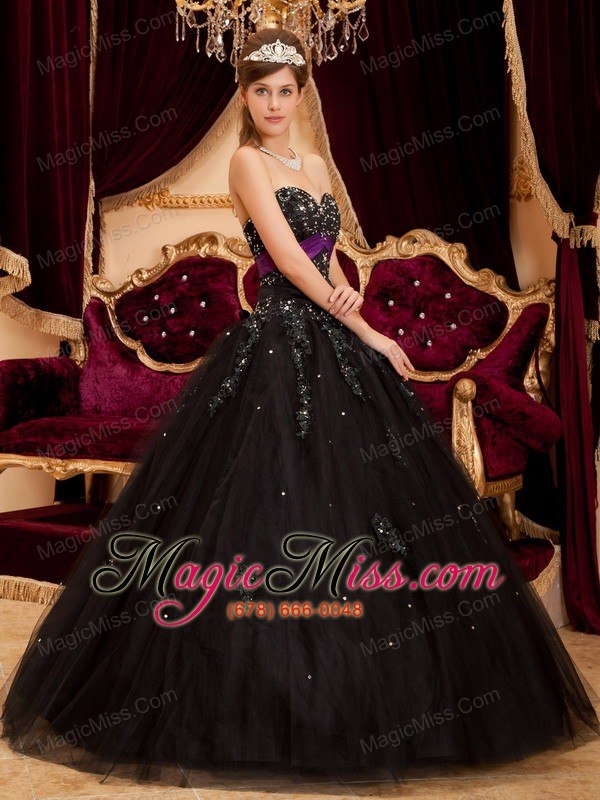 wholesale black ball gown sweetheart floor-length tulle appliques quinceanera dress