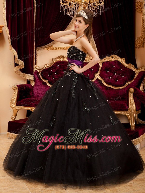 wholesale black ball gown sweetheart floor-length tulle appliques quinceanera dress