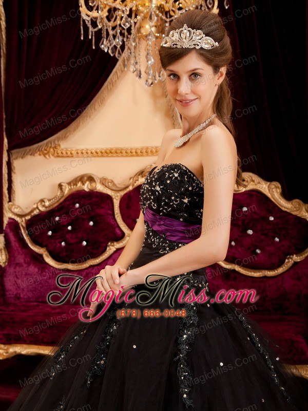 wholesale black ball gown sweetheart floor-length tulle appliques quinceanera dress