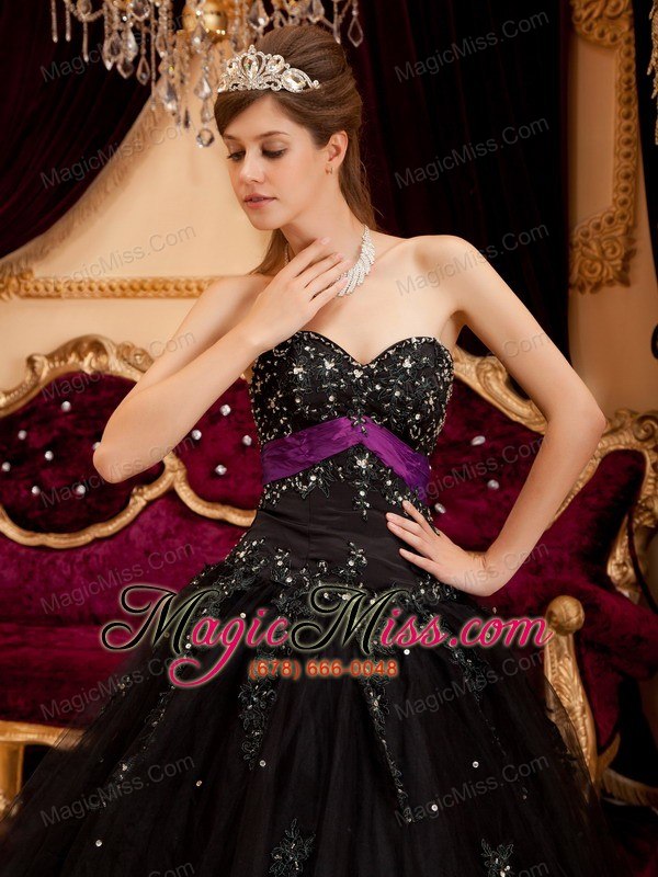 wholesale black ball gown sweetheart floor-length tulle appliques quinceanera dress