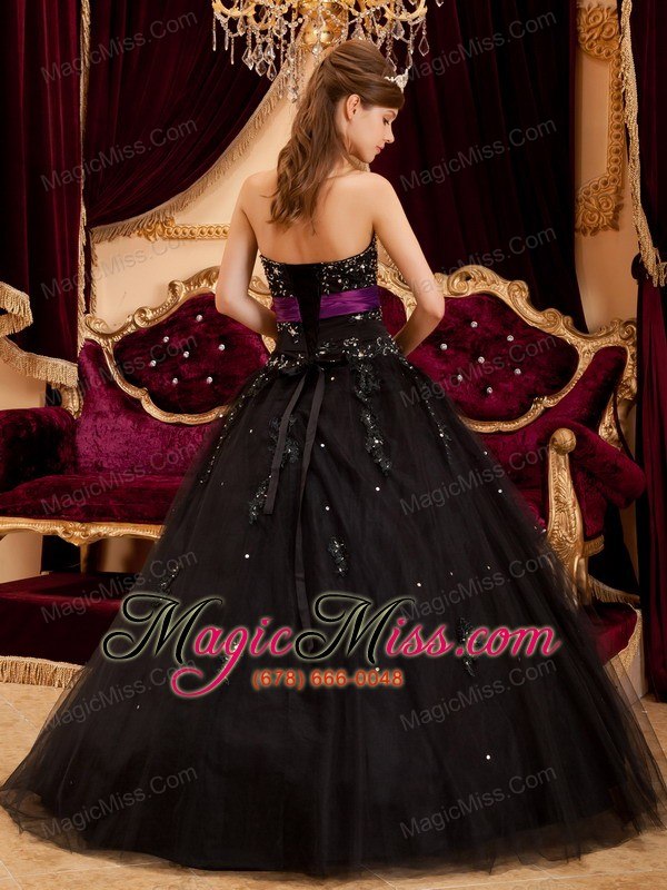 wholesale black ball gown sweetheart floor-length tulle appliques quinceanera dress