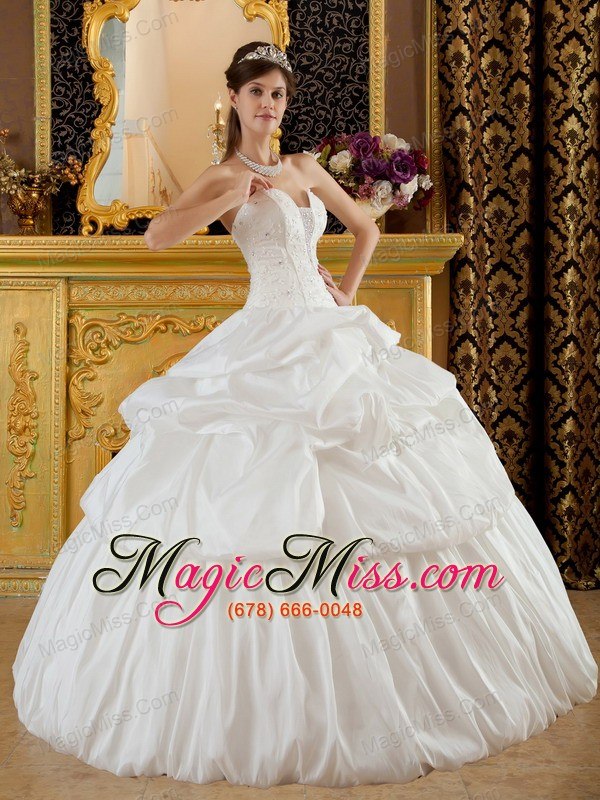 wholesale elegant ball gown strapless floor-length taffeta beading white quinceanera dress