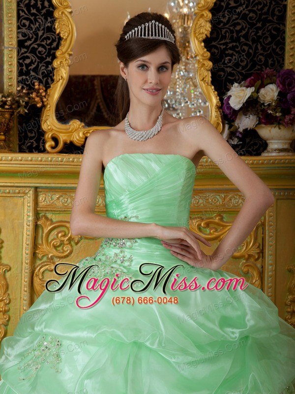 wholesale apple green ball gown strapless floor-length organza beading ruch quinceanera dress