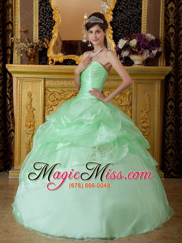 wholesale apple green ball gown strapless floor-length organza beading ruch quinceanera dress