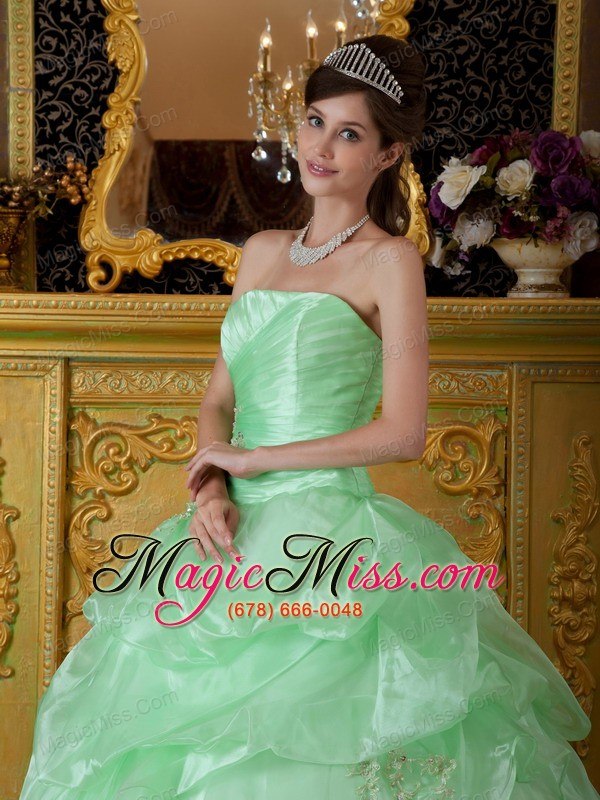 wholesale apple green ball gown strapless floor-length organza beading ruch quinceanera dress