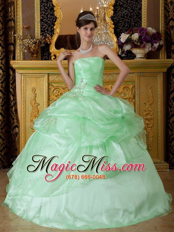 wholesale apple green ball gown strapless floor-length organza beading ruch quinceanera dress