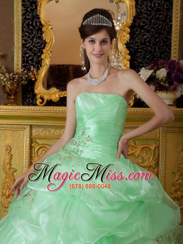 wholesale apple green ball gown strapless floor-length organza beading ruch quinceanera dress