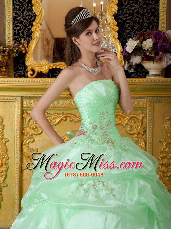 wholesale apple green ball gown strapless floor-length organza beading ruch quinceanera dress