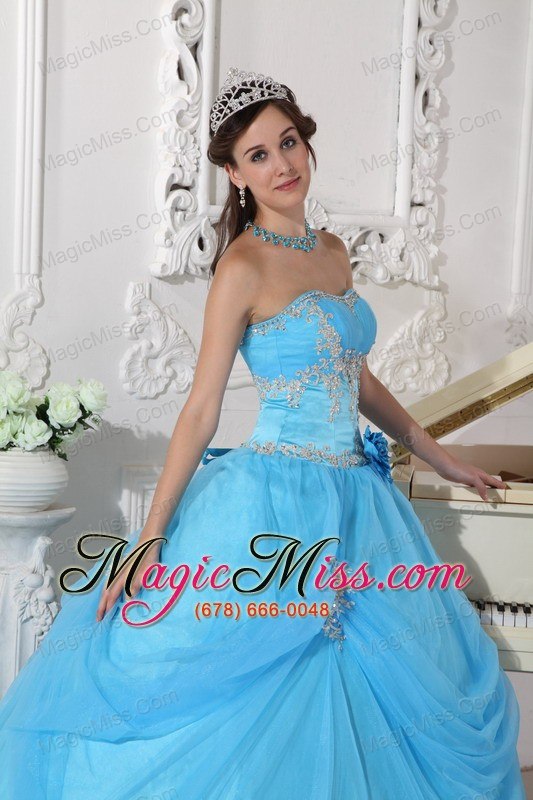 wholesale aqua blue ball gown strapless floor-length taffeta and organza appliques and hand made flower quinceanera dress