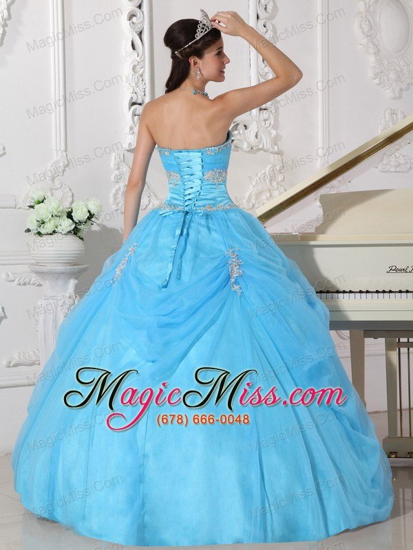 wholesale aqua blue ball gown strapless floor-length taffeta and organza appliques and hand made flower quinceanera dress