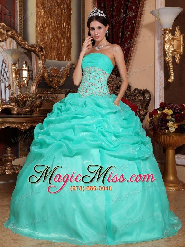 wholesale turquoise ball gown strapless floor-length organza appliques quinceanera dress