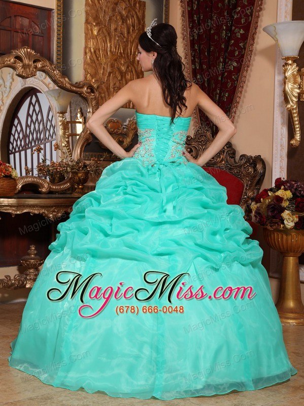 wholesale turquoise ball gown strapless floor-length organza appliques quinceanera dress